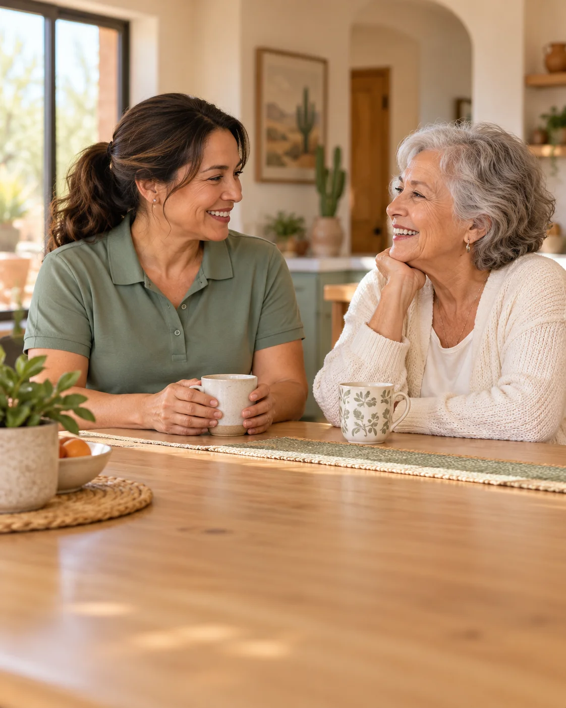 Illustrative scene of a caregiver and an older adult sharing a relaxed conversation at home